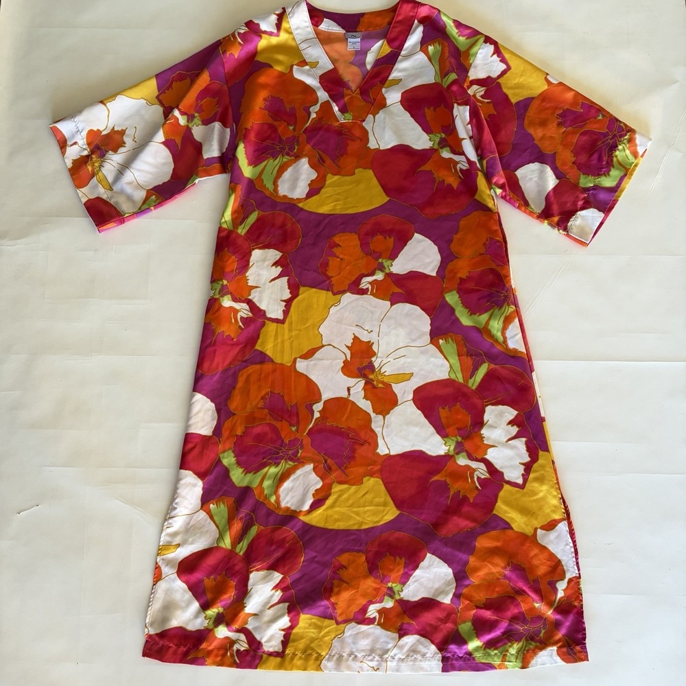 Natori Kaftan Satin Nightgown S V-Neck Multicolor Print Kimono‎ Resort Pockets